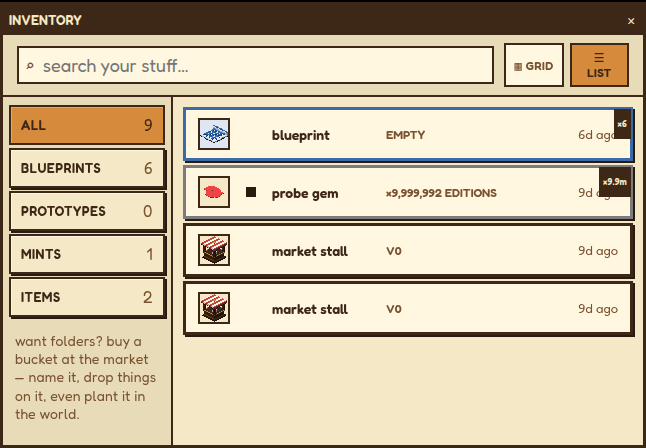 The INVENTORY window: a searchable list with tabs for blueprints, prototypes, mints and items.