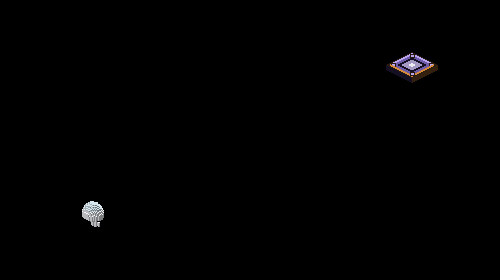 A small violet portal on black void, a pale round character standing a little way from it.