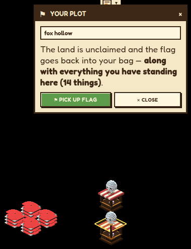 A YOUR PLOT window named 'fox hollow' beside two striped market stalls and a pile of red gems.