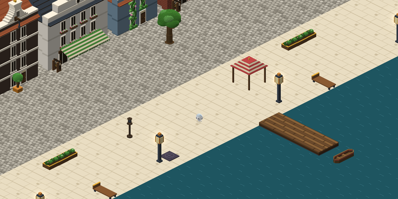 The spawn quay: isometric pixel-art townhouses along a cobbled street, a pale stone quay, lamp posts, a red awning, and dark water with a wooden jetty.