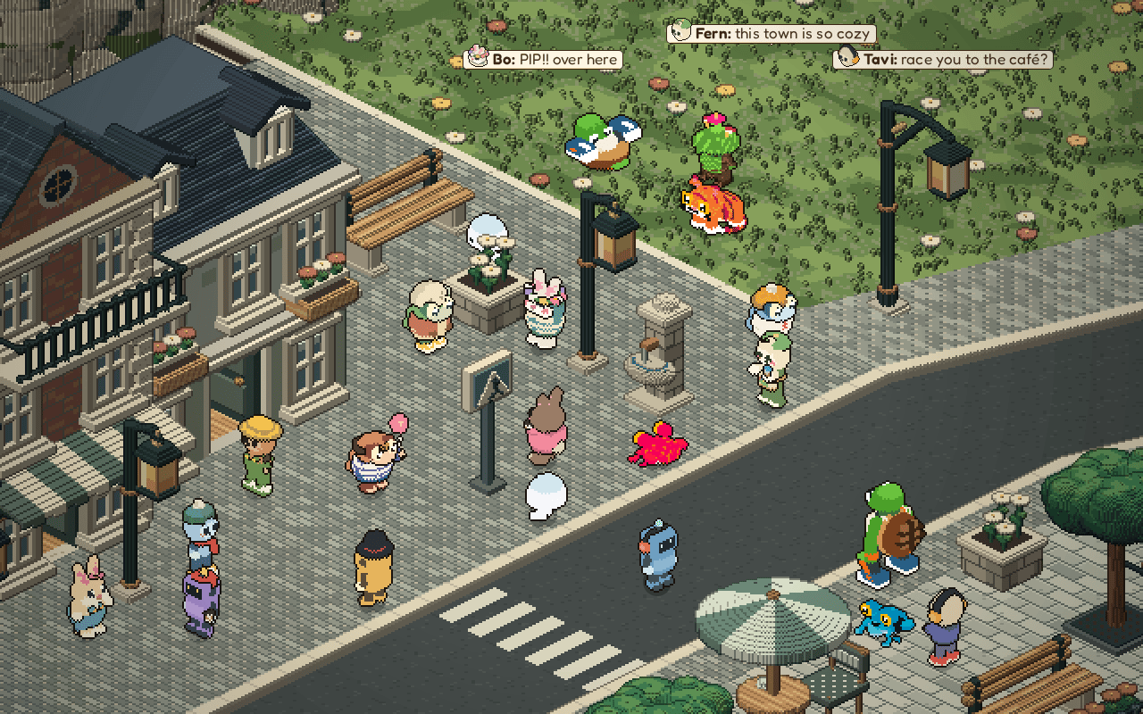 A crowd of players on the square in the arrival town, some dancing, waving and cheering, with chat bubbles saying PIP!! over here, this town is so cozy, and race you to the café?