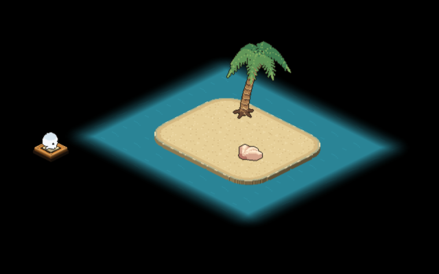 A new player's home space: a small sandy beach with a palm and a shell in a blue lagoon, and a ghost standing on the violet gate where they arrive.